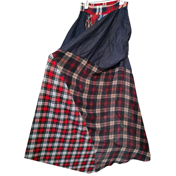 Kosmios Boho Plaid Patchwork Maxi Skirt Draped Pockets Festival Size L - Picture 8 of 16